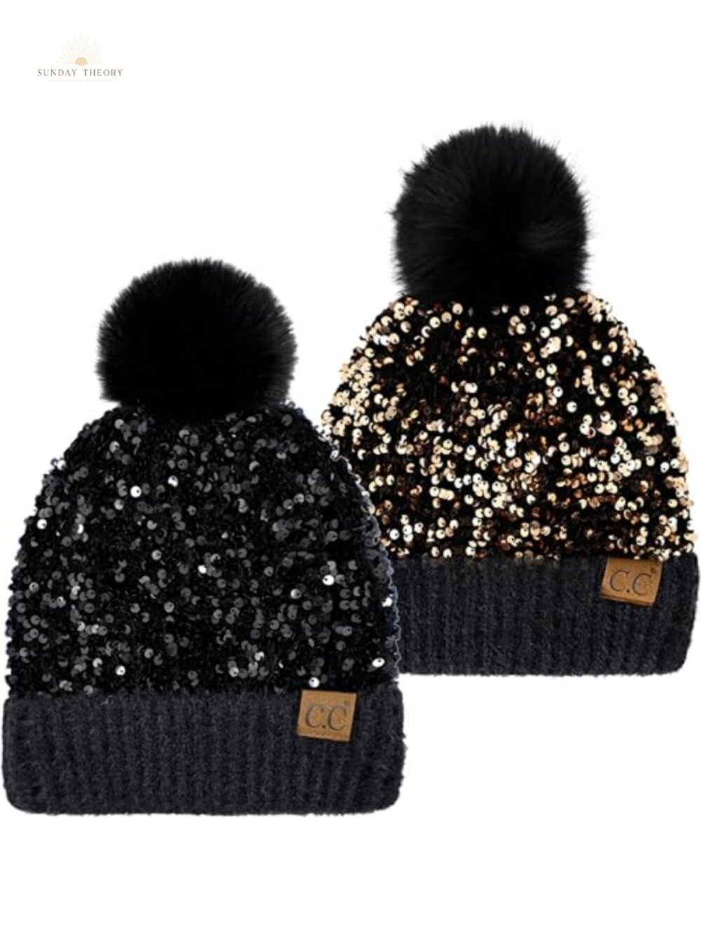Sequin Knit Beanie Hat with Faux Fur Pom for Women, Sparkly Bling Winter Hat